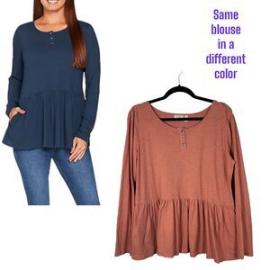 LOGO Lori Goldstein Pink Cotton Long Sleeve Henley Peplum Blouse Size Medium